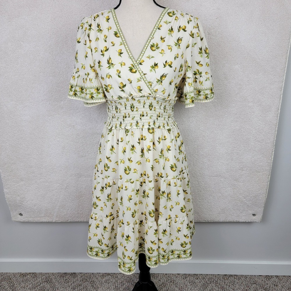 Max Studio NEW Women S Yellow Cream Lemon Print Smocked Cottagecore Sun Dress - Picture 2 of 11